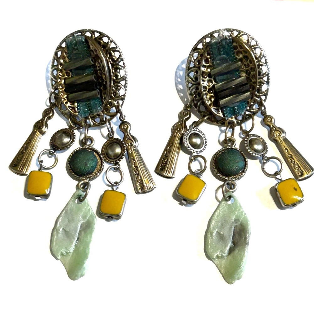 Vintage 1980s Statement Clip On Earrings Gold Tone Teal Green Yellow Dangling